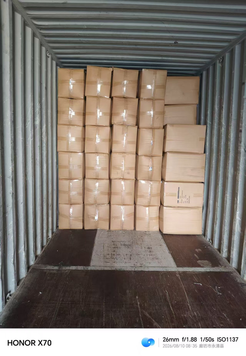 Container TCLU 883856 sealed — 76.4 CBM capacity, loaded to 74.8