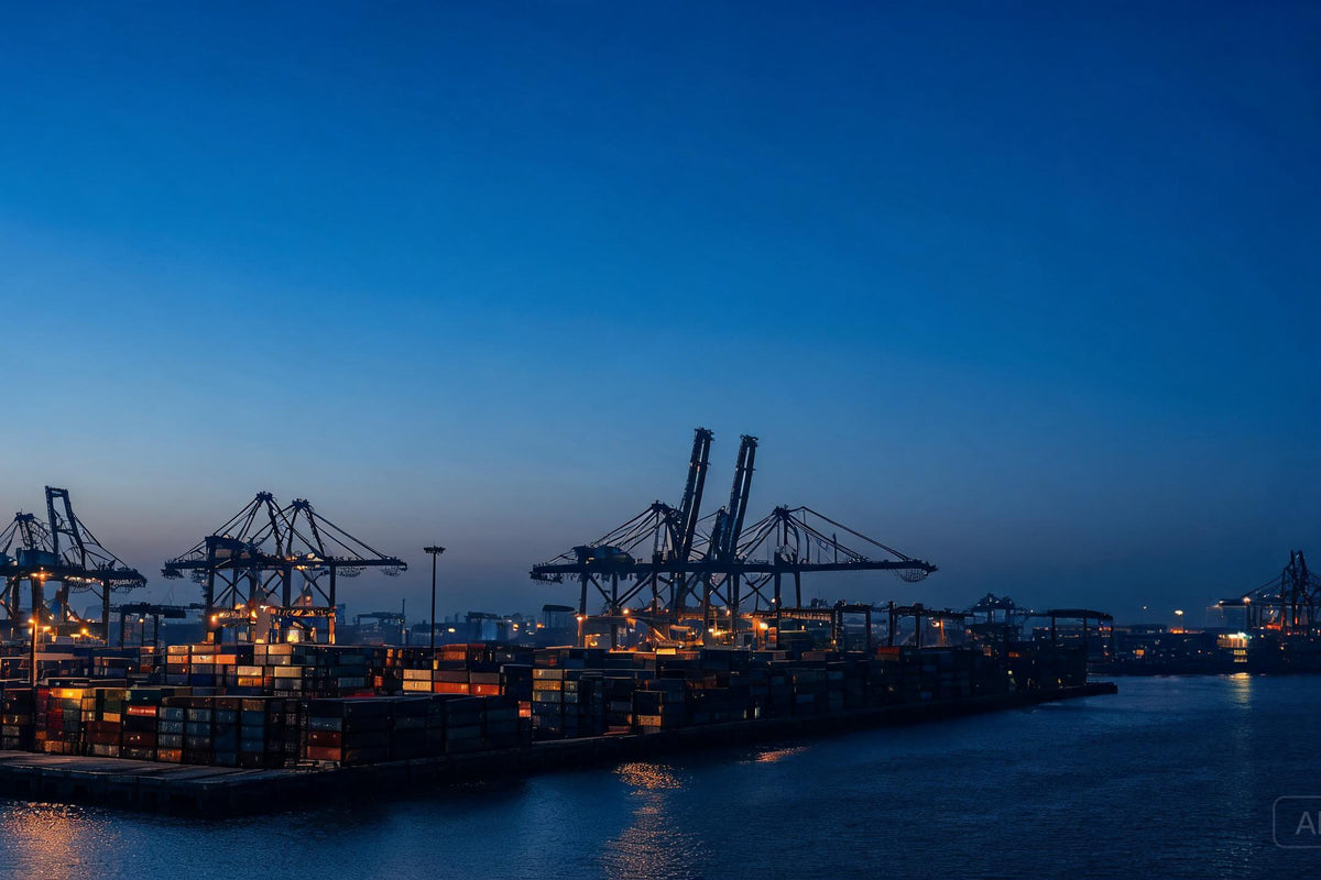 Shanghai container port at blue hour — cargo vessels being loaded for international export